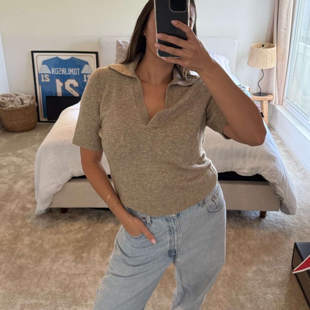 Women's Tan Knit Collared Top